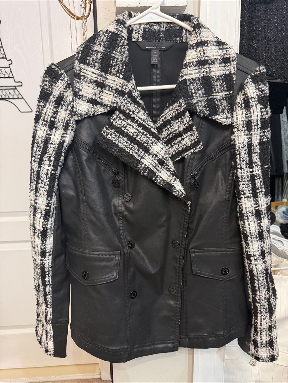 Black Faux Leather Jacket with Black & White Tweed Accents